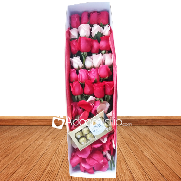 Ramos de flores San Valentín Cali Caja x 24 rosas de 2 colores + ferrero x 8 unds