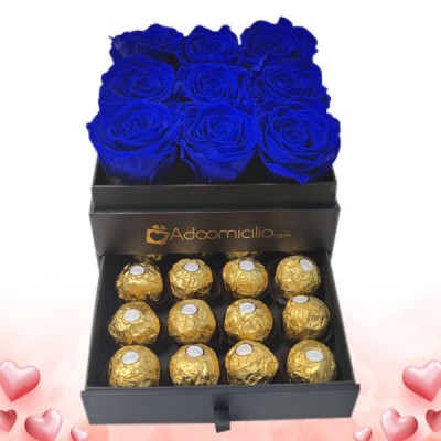 Linea De Lujo Caja de Rosas Preservadas Por 9 y Chocolates Regalos Para Hombres San Valentin A Domicilio En Cali