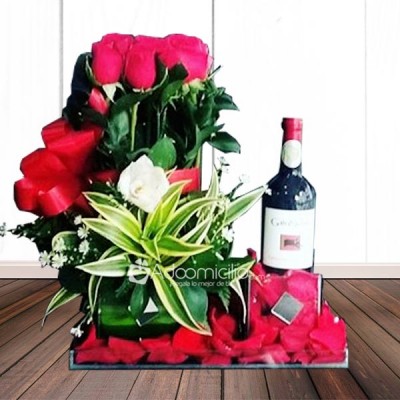 Flores Bucaramanga Base doble de rosas + vino