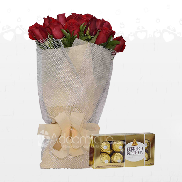 Combo Endulza Tú Dia Arreglo floral De Rosas Chocolates Ferrero Rocher X8 A Domicilio En Medellin